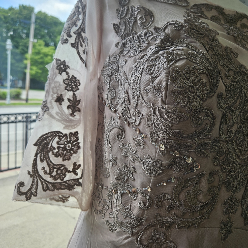 Embellished Taupe Long Sleeve Evening Gown - Picture 2 of 8